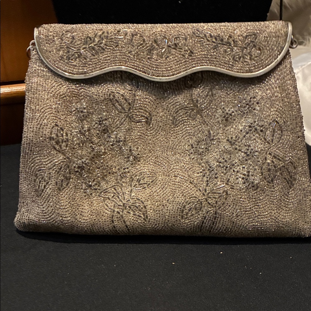 Elegant Silver Beaded Clutch
